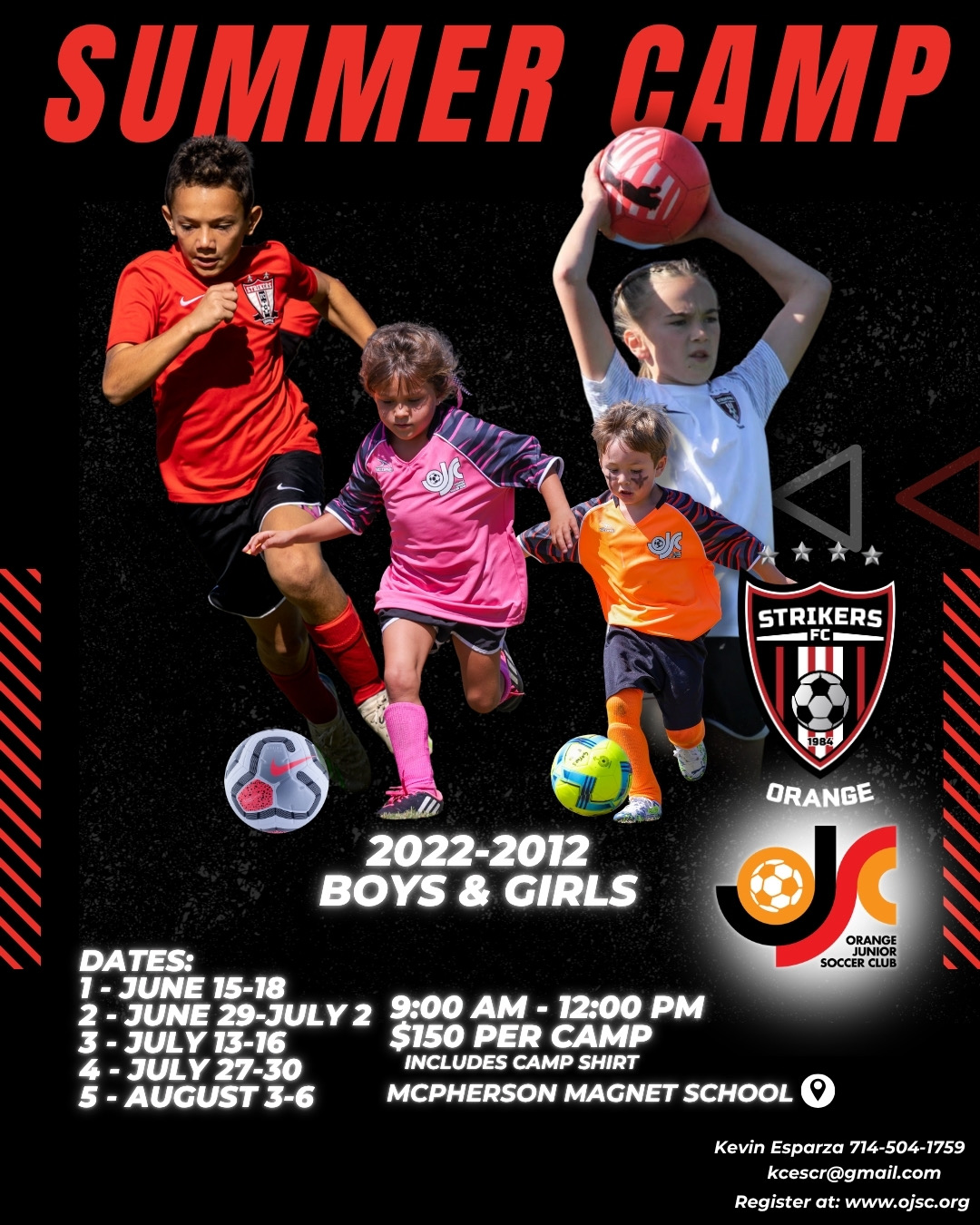Original OJSC 2026 summer camp flyer with all five dates, ages, fees and location