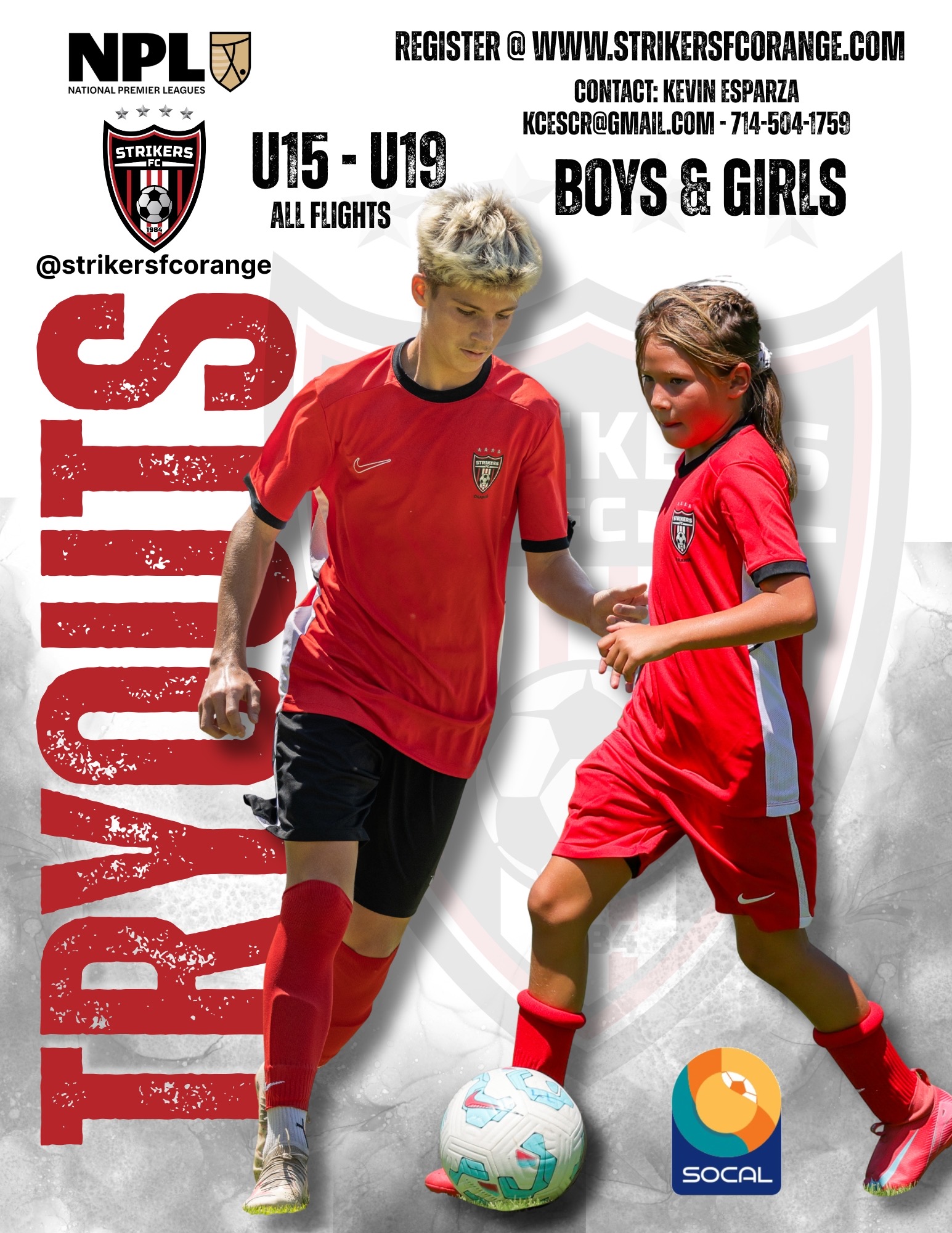 Original Strikers FC vertical TRYOUTS graphic with players in their red club kits