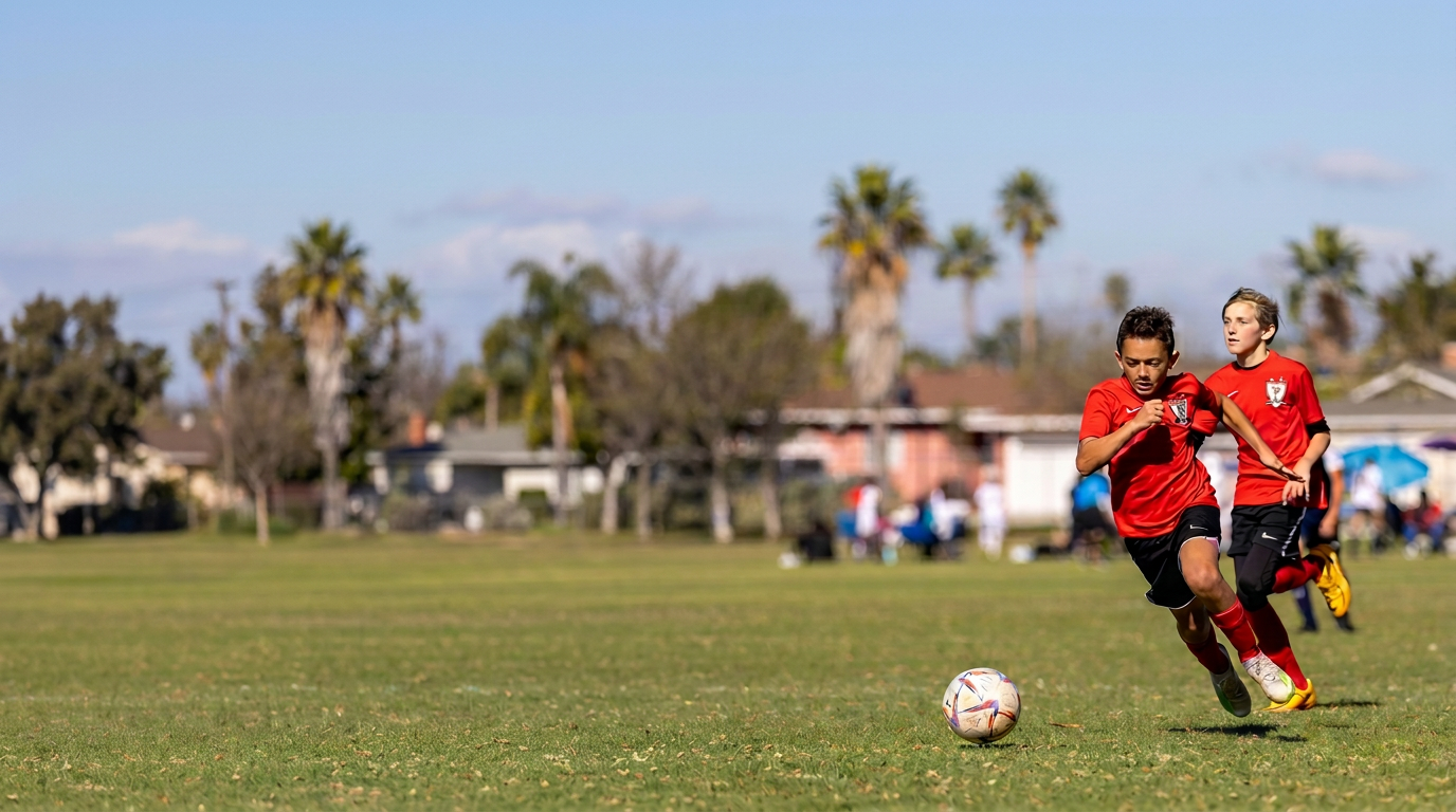 Editorial match action with Strikers boys in red jerseys, black shorts and red socks