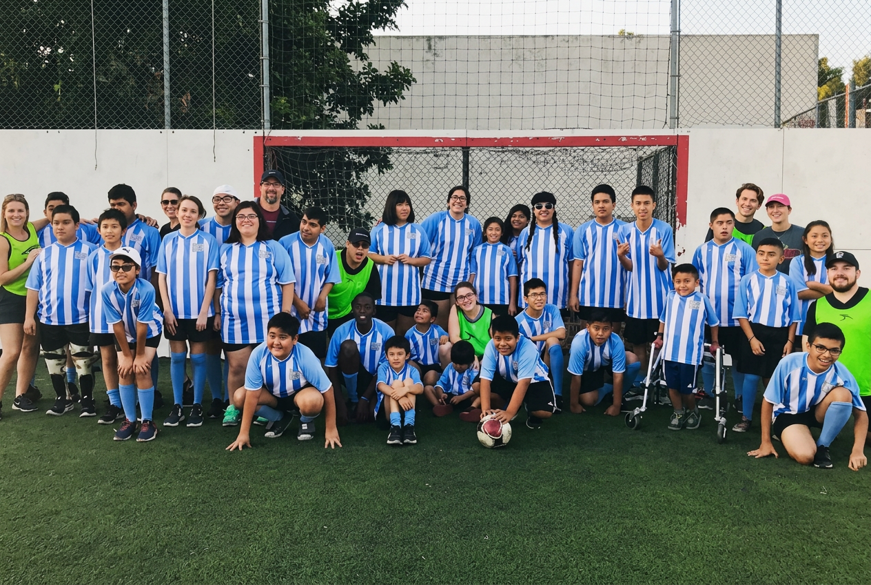 AI-enhanced source photograph of OJSC TOPSoccer athletes and buddies